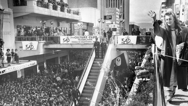 Boy George waves to the crowd of fans in Rundle Mall in July 1984.