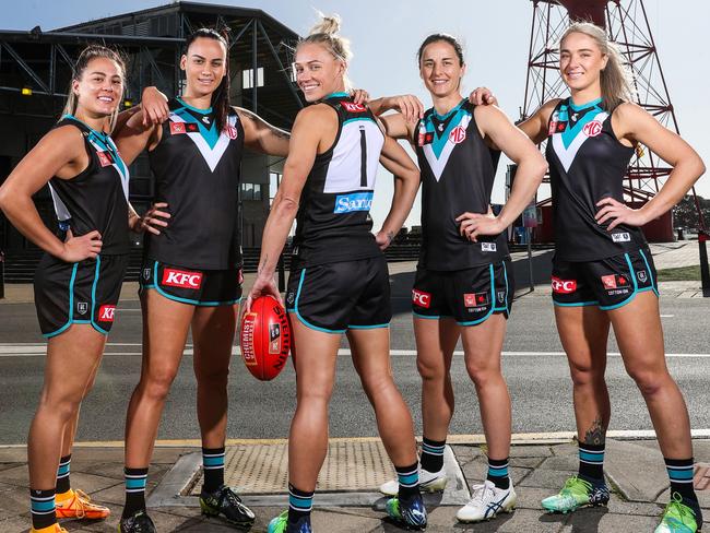 Inaugural AFLW Port Captain Erin Phillips (centre) with her leadership group, Justine Mules, Gemma Houghton, Ange Foley and Hannah Dunn. Picture: Getty Images