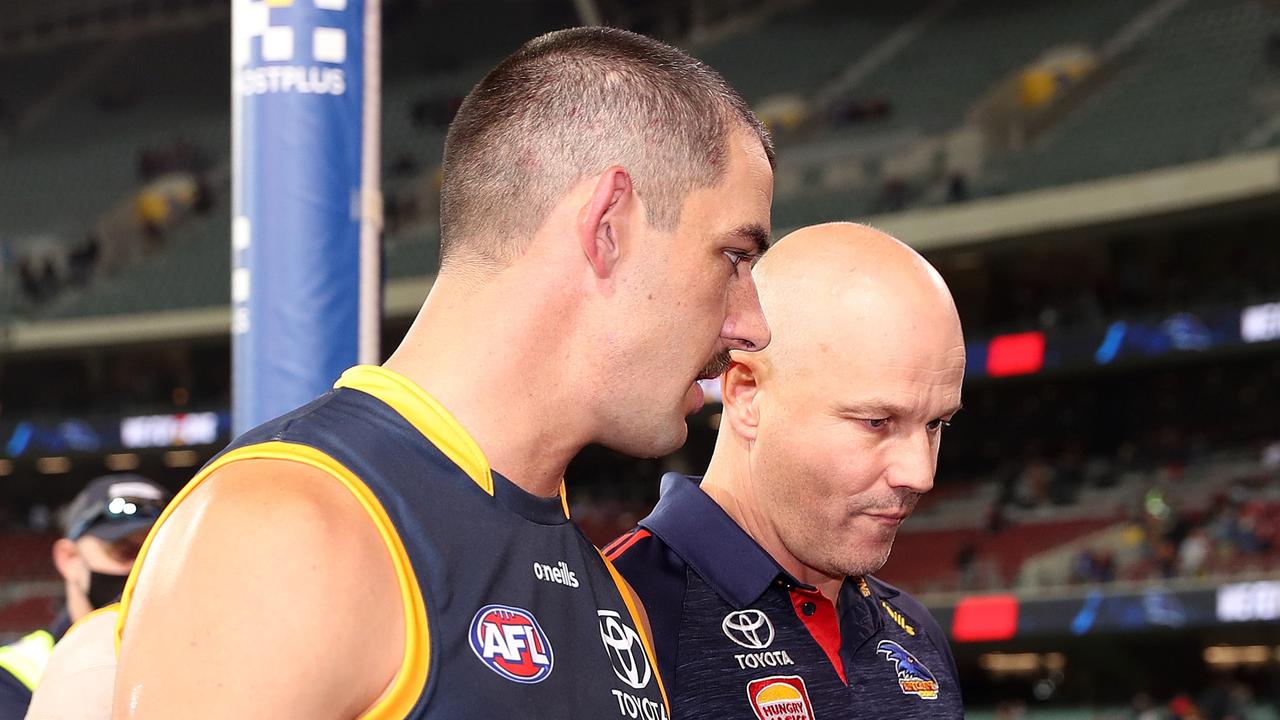 Taylor Walker and coach Matthew Nicks have a decision to make about his future at the Crows. Picture: Getty Images