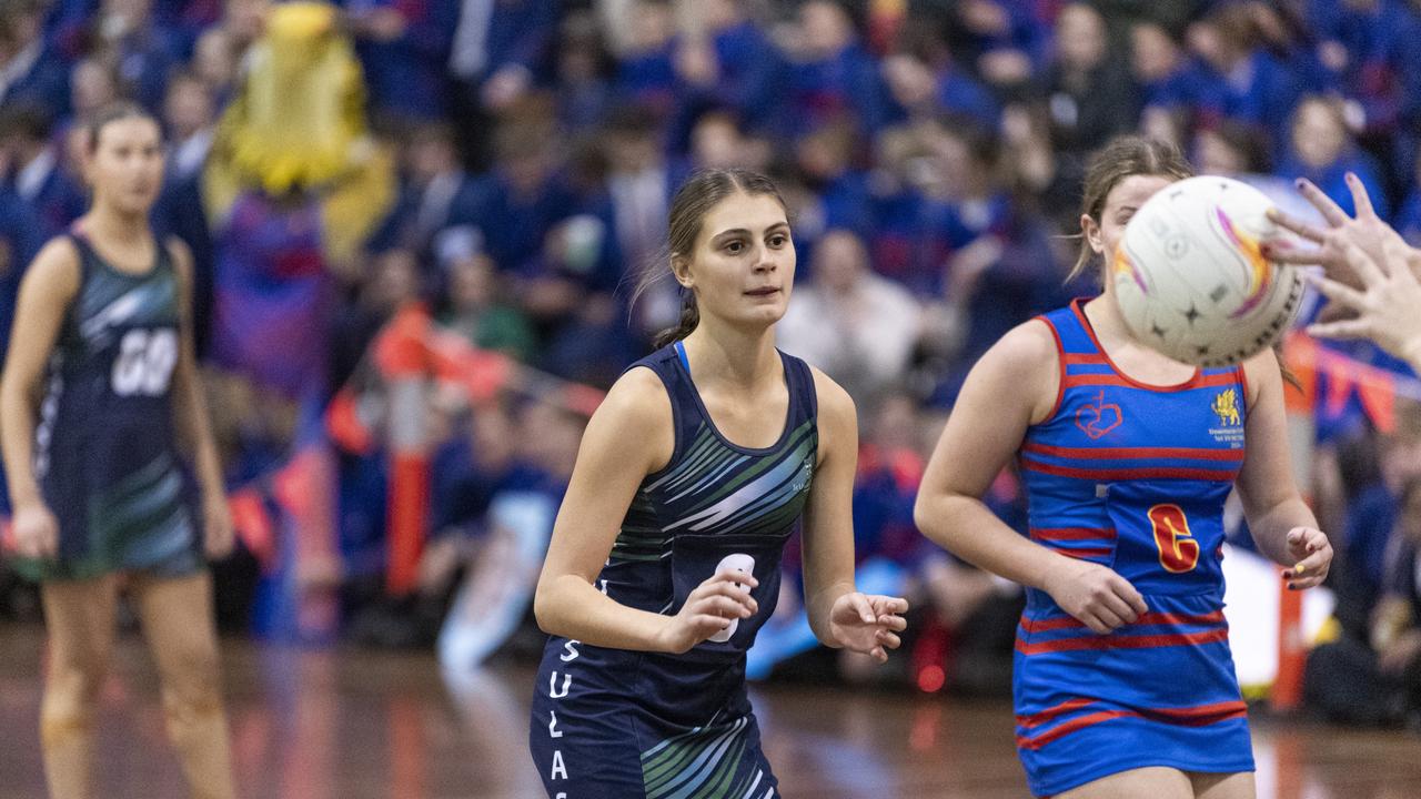 Georgia McAuliffe of St Ursula's Senior A against Downlands First VII in Merici-Chevalier Cup netball at Salo Centre, Friday, July 19, 2024. Picture: Kevin Farmer