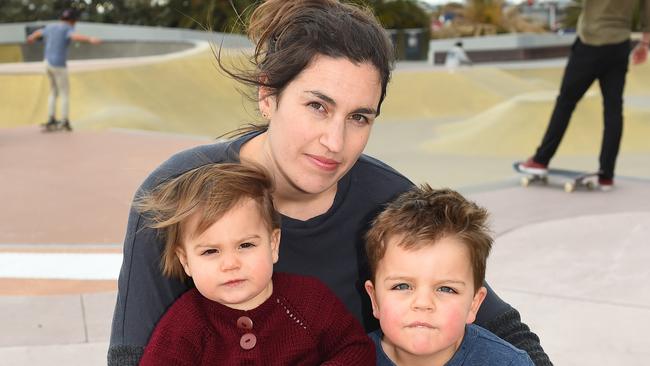 Lilian Rudd, with Goldie, 1, and Joseph, 3, wants VicRoads or Port Phillip Council to install a pedestrian crossing at Marine Parade near the skate park.