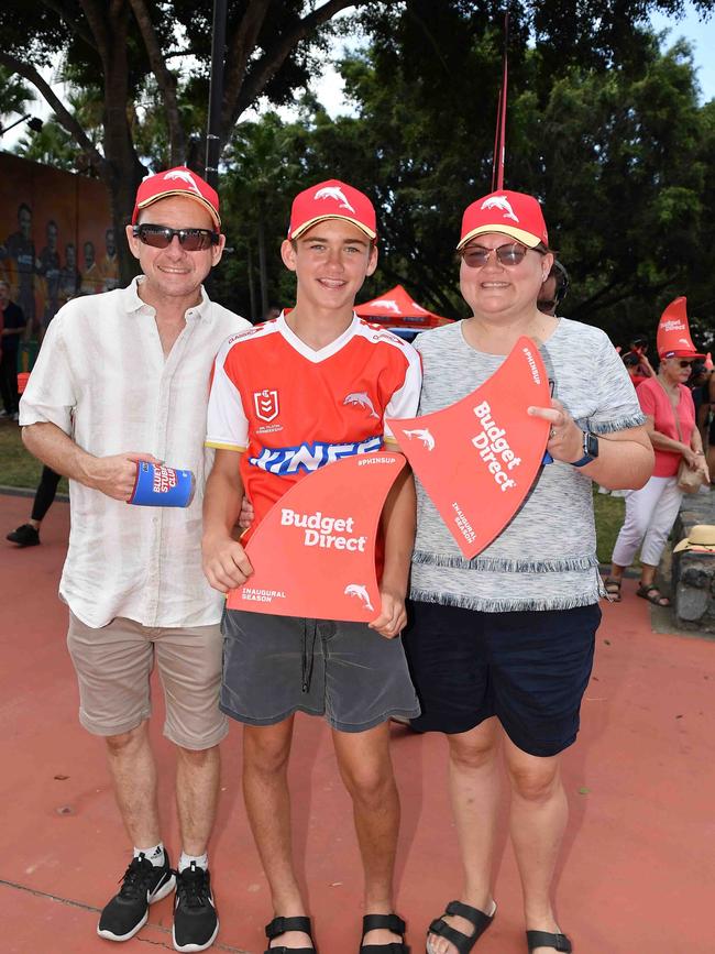 Michael, Declan and Kara Blundell at Roosters V Dolphins, Suncorp Stadium. Picture: Patrick Woods.