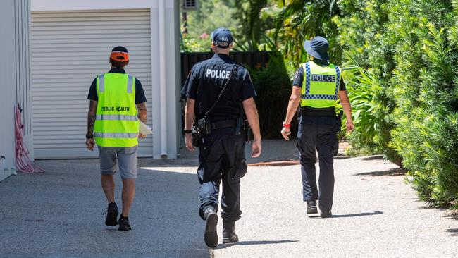 NT Police and public health officers conduct compliance checks on people in mandatory 14 day quarantine. Six people have been fined for breaching quarantine requirements in the past two days. Picture: Che Chorley