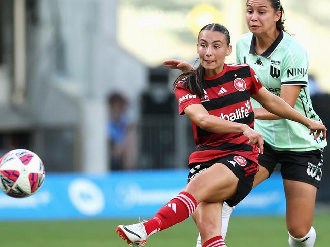 SYDNEY, AUSTRALIA - DECEMBER 14: Sienna Saveska of the Wanderers scores a goal during the round six A-League Women's match between Western Sydney Wanderers and Western United at CommBank Stadium, on December 14, 2024, in Sydney, Australia. (Photo by Cameron Spencer/Getty Images)