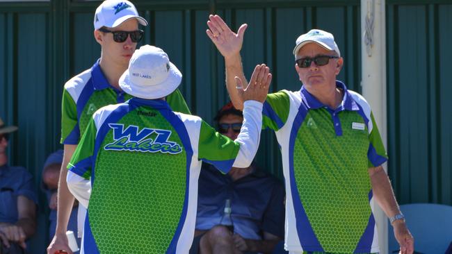 West Lakes players Jack Trenorden, Geoffrey Collins and Peter Donoghue celebrate during the grand final against Adelaide. Picture: AAP/Brenton Edwards