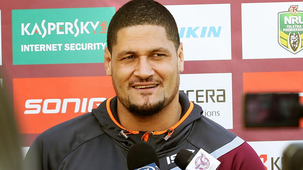 Sea Eagles forward Willie Mason speaks during a media conference after a team training session at Narrabeen. Picture: Troy Snook