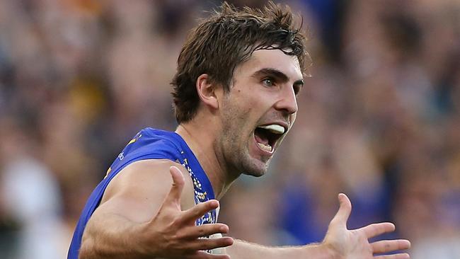 PERTH, AUSTRALIA - JULY 08: Andrew Gaff of the Eagles celebrates a goal during the round 16 AFL match between the West Coast Eagles and the Greater Western Sydney Giants at Optus Stadium on July 8, 2018 in Perth, Australia.  (Photo by Paul Kane/Getty Images)