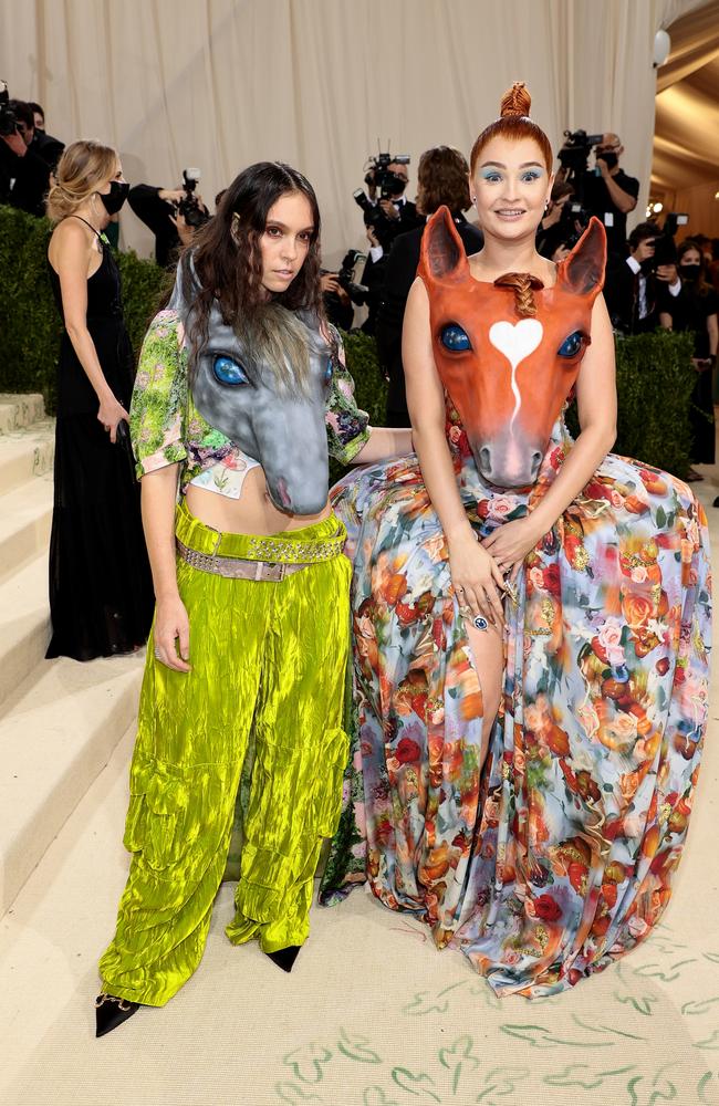 Designer Hillary Taymour and German singer-songwriter Kim Petras, enough of the horseplay (sorry). Picture: Dimitrios Kambouris/Getty Images for The Met Museum/Vogue