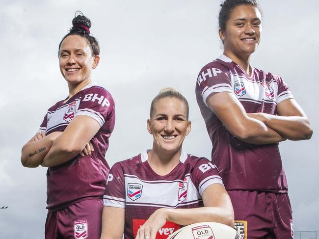 Queensland Origin players Brittany Breayley, Ali Brigginshaw and Zahara Temara are ready for their showdown with NSW at Sunshine Coast Stadium on Friday. Photo Lachie Millard