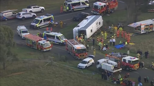 The school bus rolled on its side in Eynesbury. Picture: Seven News