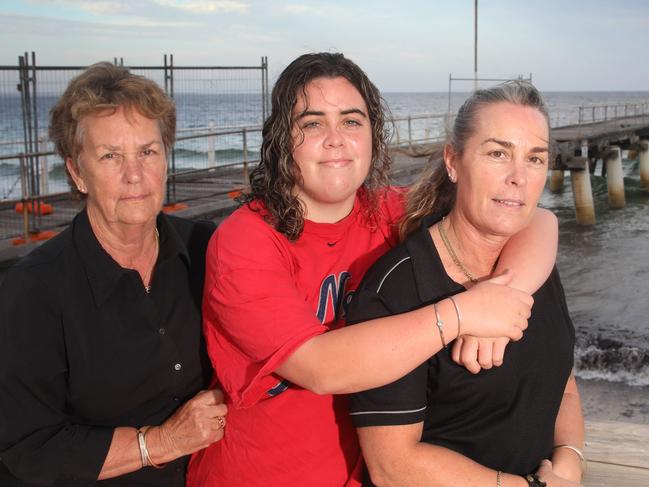 Save our Jetties campaign - At Tumby Bay jetty, which has been closed for two years over safety concerns,3 generations of family, Sally Curtis, daughter, Charmaine Cross, (R), and grand daughter, Siann. 12 March 2024. Picture Dean Martin