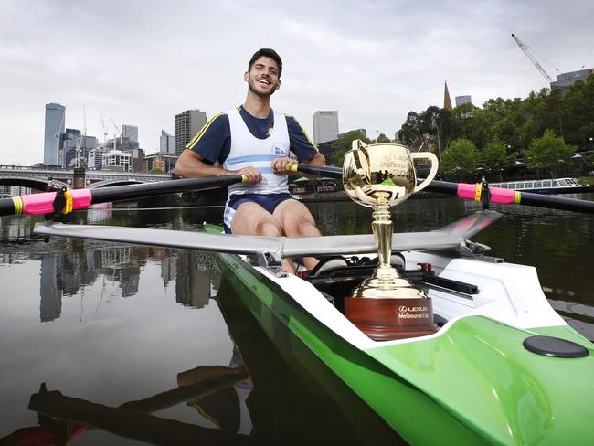 The Melbourne Cup with rower Dario Sportelli on the Yarra River. Picture: David Caird