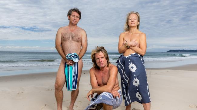 Bradley Benham, Duncan James and Maxine Hawker at Tyagarah Nudist Beach near Byron Bay. Picture by Luke Marsden.