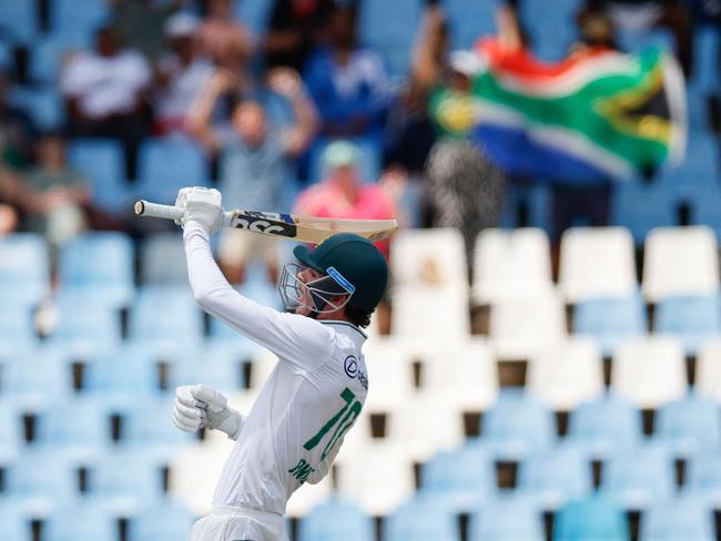 South Africa's Marco Jansen celebrates hitting a four to seal victory against Pakistan. Picture: AFP