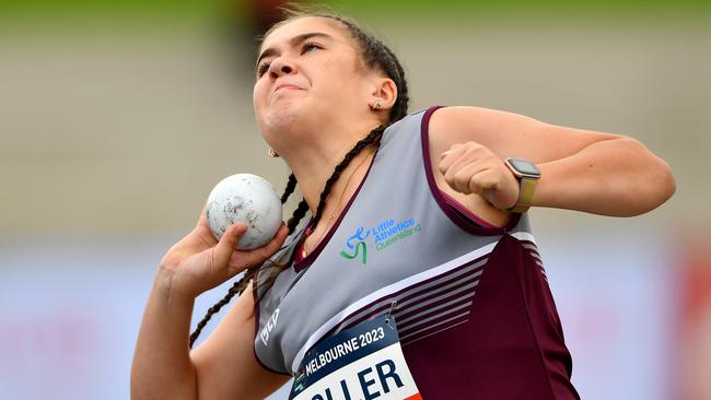 Makayla Moller (QLD) competes in the Girls U13 Shot Put.