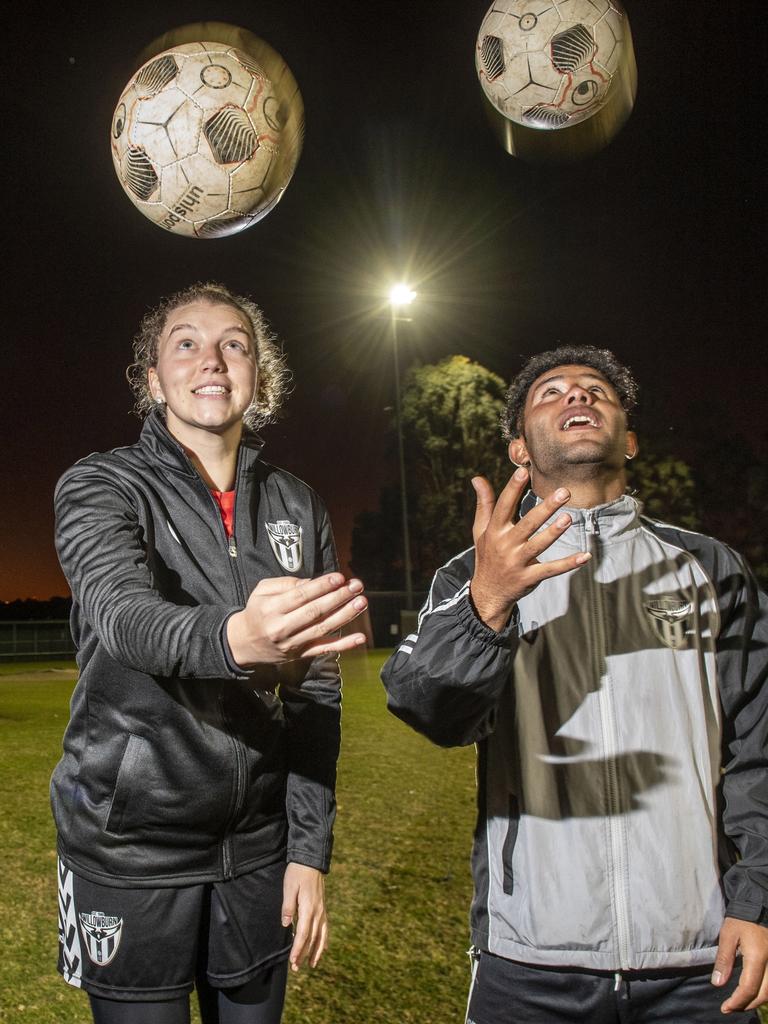 Sophie Fuller and Adnan Alharoni. Members of Willowburn football club. Thursday, June 23, 2022. Picture: Nev Madsen.