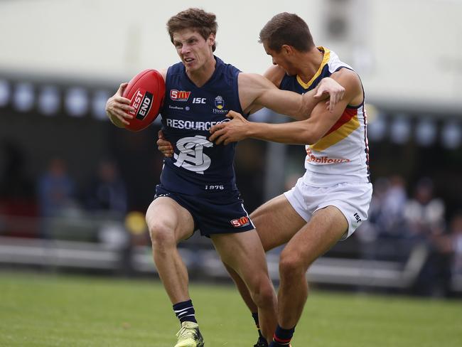 SANFL - South Adelaide v Adelaide at Noarlunga Oval - 	Matt Rose - South,  Jackson Edwards, Crows - picture Deb Curtis