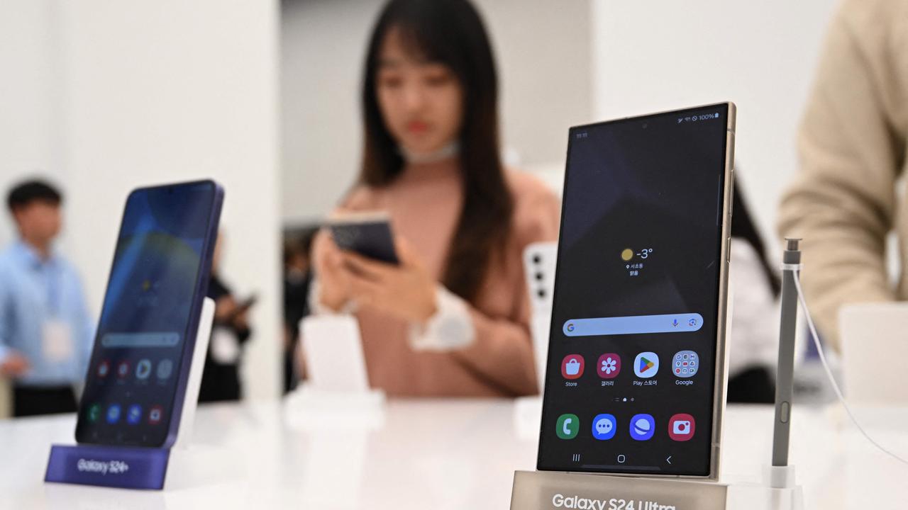 Samsung Galaxy S24 series of smartphones displayed during a preview event in Seoul. Picture: AFP