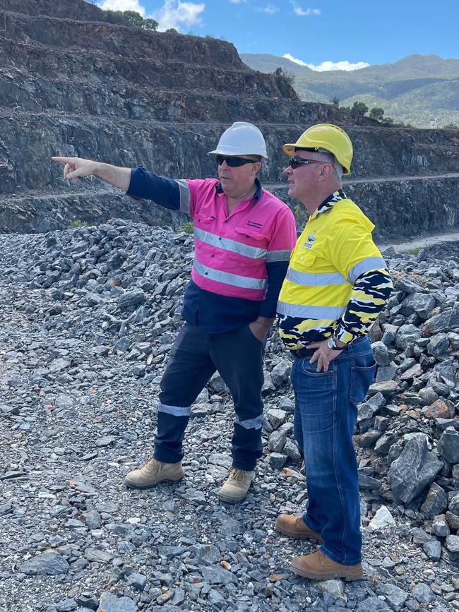 Resources Minister Scott Stewart inspects the Mount Carbine mine with EQ Resources CEO Kevin MacNeill.