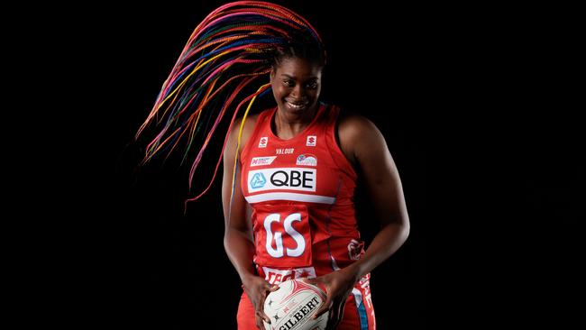 Romelda Aiken George will line up in her 200th match on Saturday when the NSW Swifts take on the Firebirds in Sydney. Photo: Getty Images