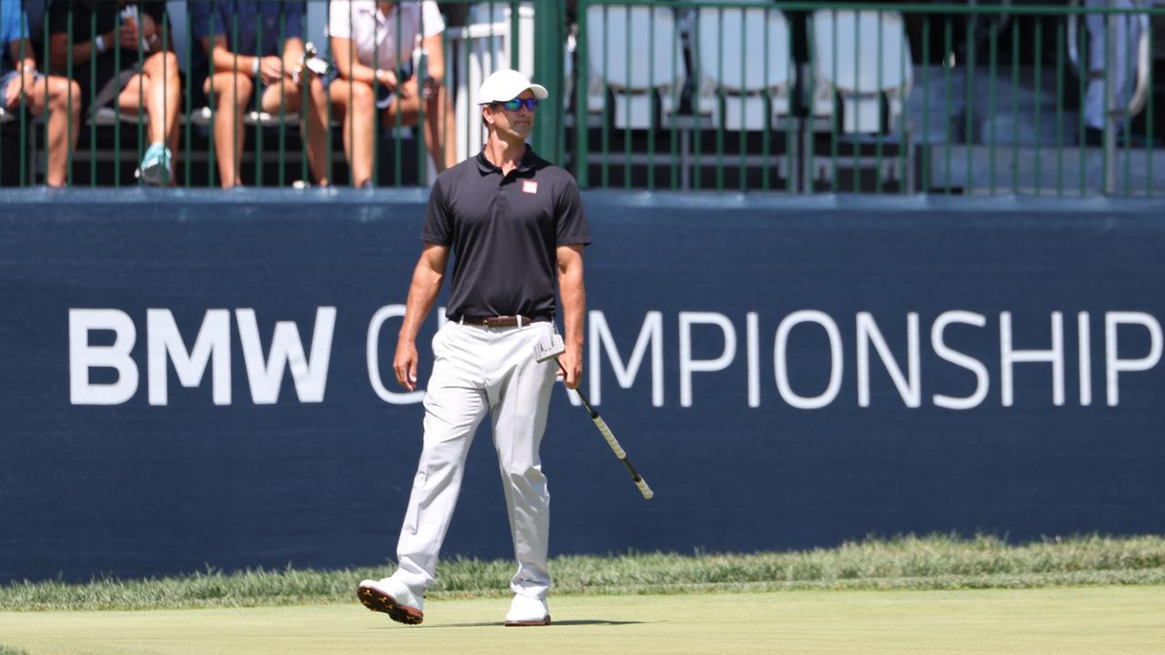 Adam Scott follows his putt on the 15th green during the first round of the BMW Championship at Wilmington Country Club. Picture: Getty Images