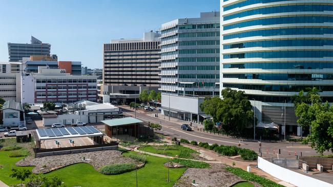 The view from the 5th floor of Parliament House, Darwin, including views of the Deck Chair Cinema, the Esplanade and the new State Square development.Picture: Che Chorley