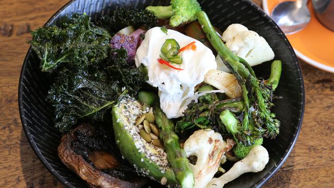 Paleo goodness bowl from the Leanchef Kitchn — charred asparagus, poached egg, heirloom tomatoes, cauliflower, mushrooms and avocado. Picture Glenn Hampson