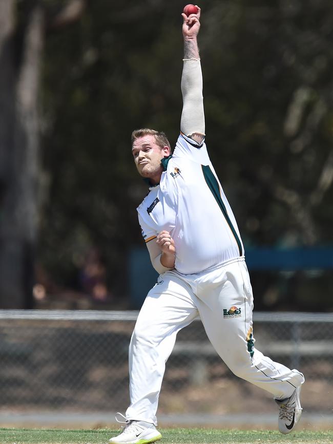 Left-arm quick Alex Hayes in action for Helensvale Pacific Pines. Picture: Lawrence Pinder