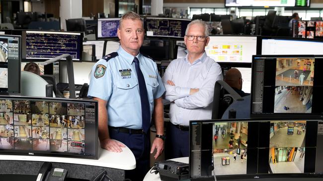 NSW Police Superintendent, Andrew Evans (left) and Sydney Trains Head of Security and Intelligence, Sean Godwin (right). Picture: Jane Dempster