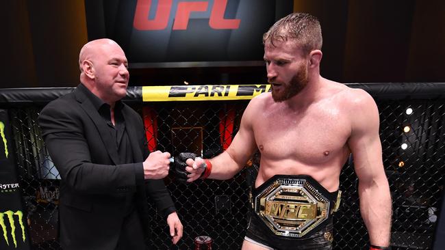 Jan Blachowicz celebrates with UFC president Dana White following his title defence at UFC 259. (Photo by Jeff Bottari/Zuffa LLC)