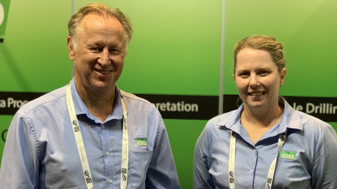 Karel Driml (left) and Alice Blackmore from Velseis at the Bowen Basin Symposium at the MECC. Picture: Duncan Evans