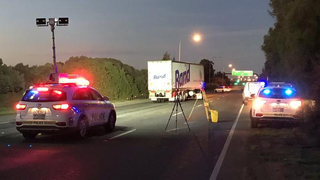 A pedestrian died after he was hit by a truck on Port Wakefield Rd in the early hours of Friday morning. Picture: 7 News Adelaide/Peter Caldicott