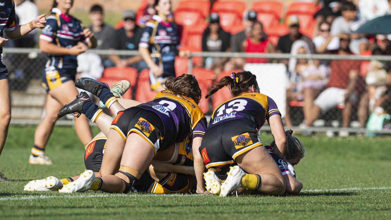 Courtney Jackson gets a try for Highfields against Gatton in TRL Women grand final rugby league at Toowoomba Sports Ground, Saturday, September 14, 2024. Picture: Kevin Farmer