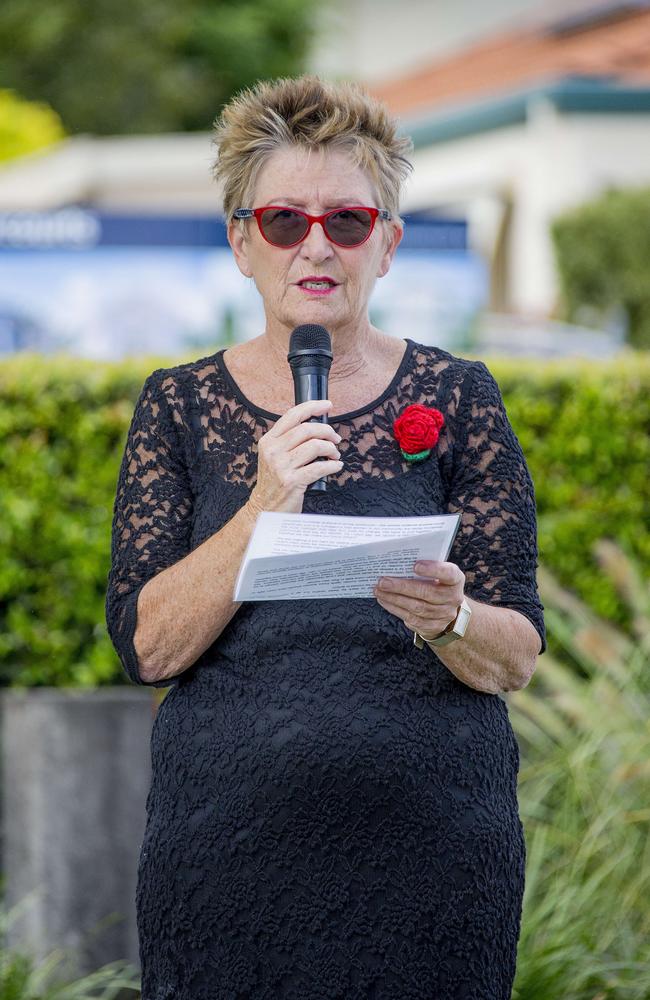 Gold Coast Centre Against Sexual Violence director Di MacLeod talking at the Red Rose Rally at the DV memorial, Norm Rix Recreation Park, Labrador. In memory of Kelly Wilkinson and Lordy Ramadan. Picture: Jerad Williams