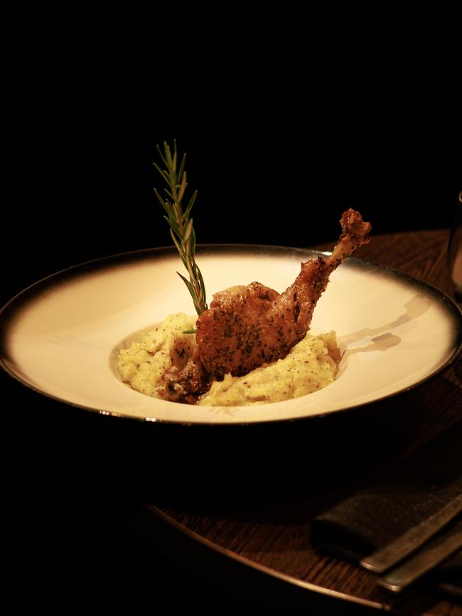 Confit duck leg with truffle mashed potatoes at Le Pas Sage bistro, Adelaide