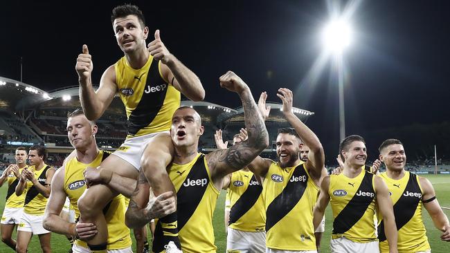 Trent Cotchin is chaired off the ground. Picture: Gety Images