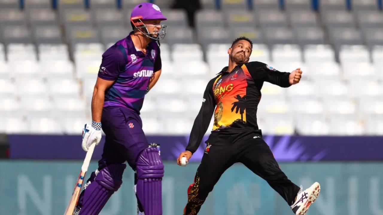 Chad Soper gets into his delivery stride for Papua New Guinea against Scotland in 2021. Picture: ICC via Getty.