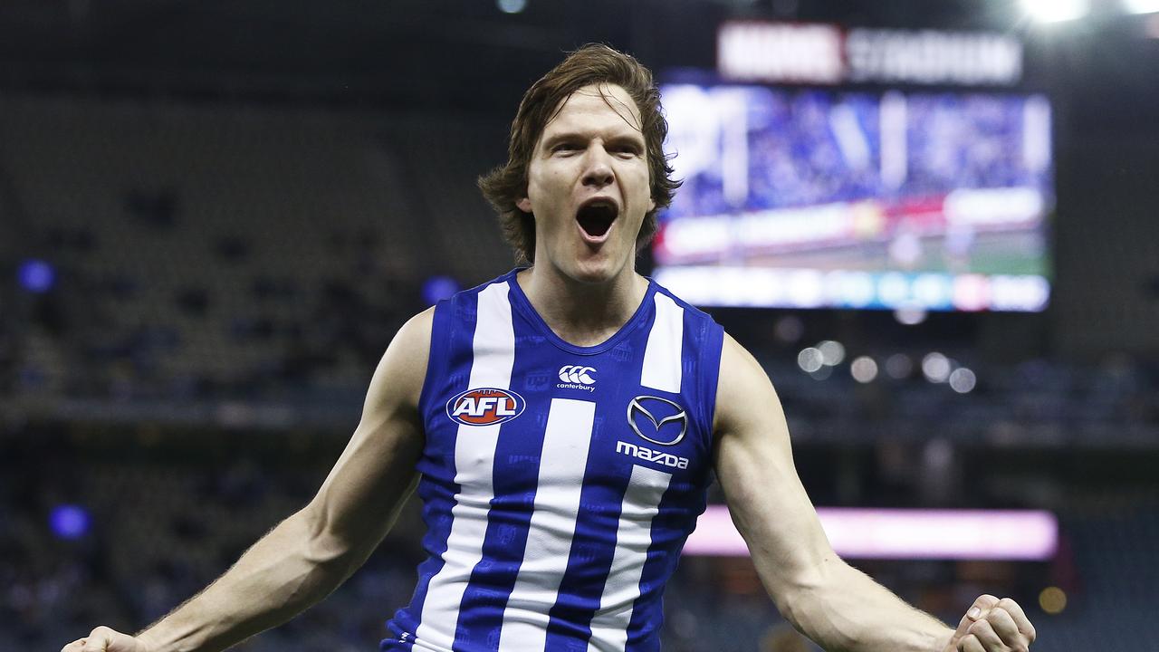 Jared Polec of the Kangaroos celebrates a goal during the Round 22 AFL match between the North Melbourne Kangaroos and the Port Adelaide Power at Marvel Stadium in Melbourne, Saturday, August 17, 2019. (AAP Image/Daniel Pockett) NO ARCHIVING, EDITORIAL USE ONLY
