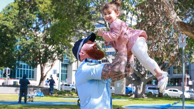 Destiny Shrief, 2, in Liverpool, today, where she was reunited with Senior Constable Peter Heginbotham who gave her life saving CPR after she almost drowned in the family pool. Picture:Justin Lloyd.