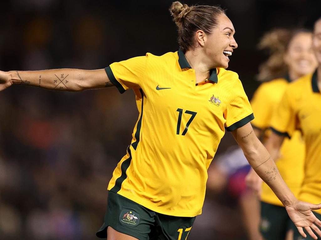 NEWCASTLE, AUSTRALIA - NOVEMBER 30: Kyah Simon of the Matildas celebrates scoring her team's only goal during game two of the International Friendly series between the Australia Matildas and the United States of America Women's National Team at McDonald Jones Stadium on November 30, 2021 in Newcastle, Australia. (Photo by Cameron Spencer/Getty Images)