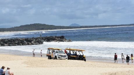 Emergency services and lifeguards at the scene of this morning's tragedy. Picture: Caitlin Zerafa