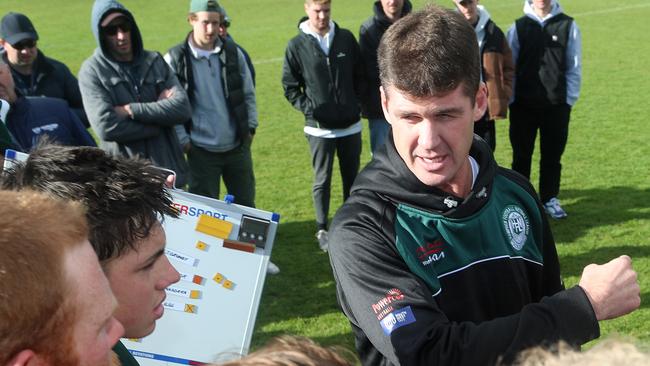 Gampden FNL coach Jonathan Brown talks to his players at a break. Picture Yuri Kouzmin