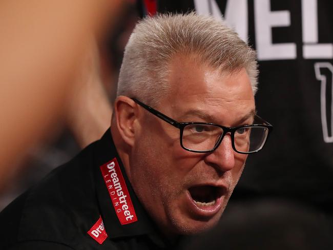 PERTH, AUSTRALIA - JUNE 20:  Dean Vickerman, head coach of Melbourne United addresses his players at a time-out  during game two of the NBL Grand Final Series between the Perth Wildcats and Melbourne United at RAC Arena, on June 20, 2021, in Perth, Australia. (Photo by Will Russell/Getty Images)