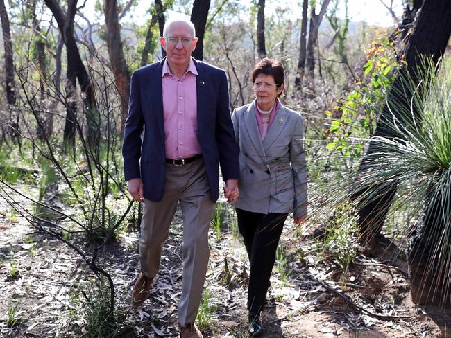 Governor-General David Hurley and his wife, Her Excellency Mrs Linda Hurley in Bundanoon in the Southern Highlands after the summer bushfires. Picture: Tim Hunter