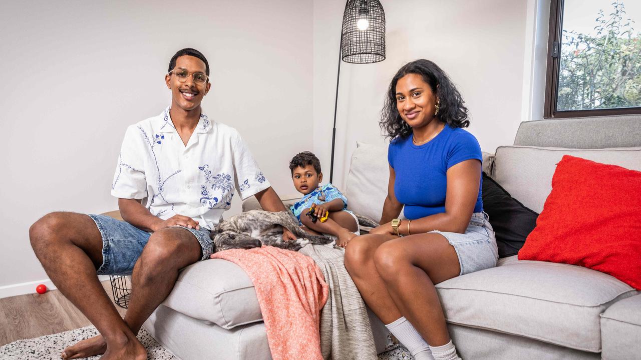 Norman Vellien and Melodie Naidoo, with their son Matteo and dog Mia, have just moved into their new home in Pakenham, one of Victoria’s birth hotspots. Picture: Jake Nowakowski