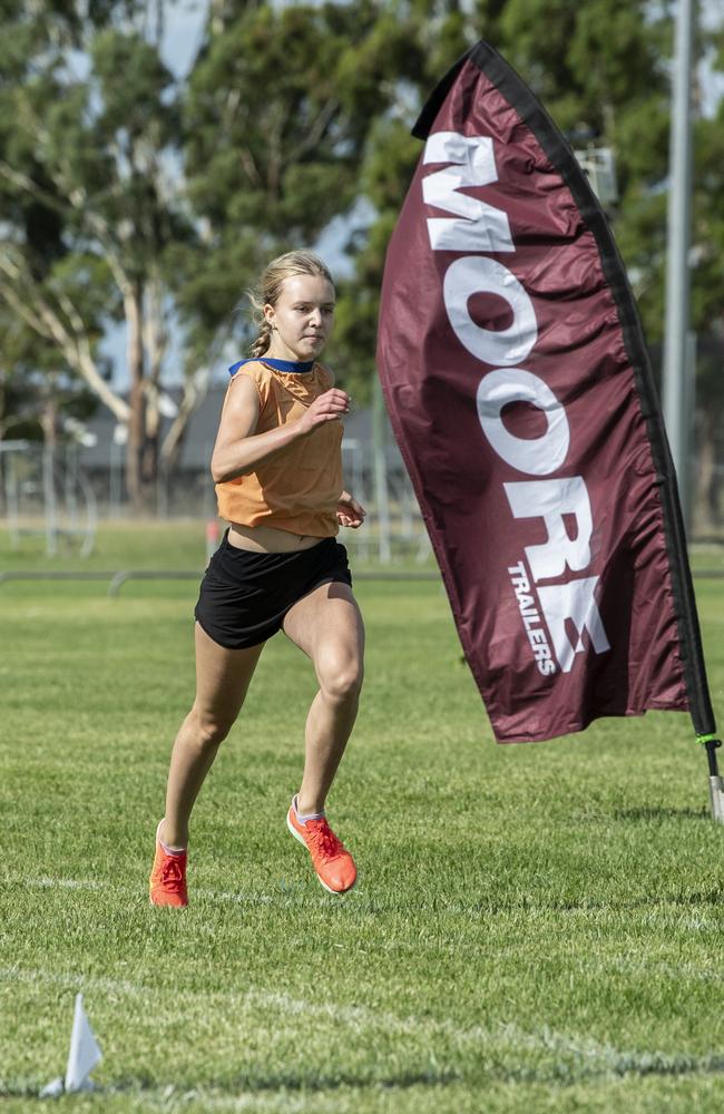 Amara Clemens wins the Qld Cotton Youths Under 18 Boys and Girls 75 yards. at the Arthur Postle Gift in Pittsworth. Saturday 18th January, 2025. Picture: Nev Madsen.