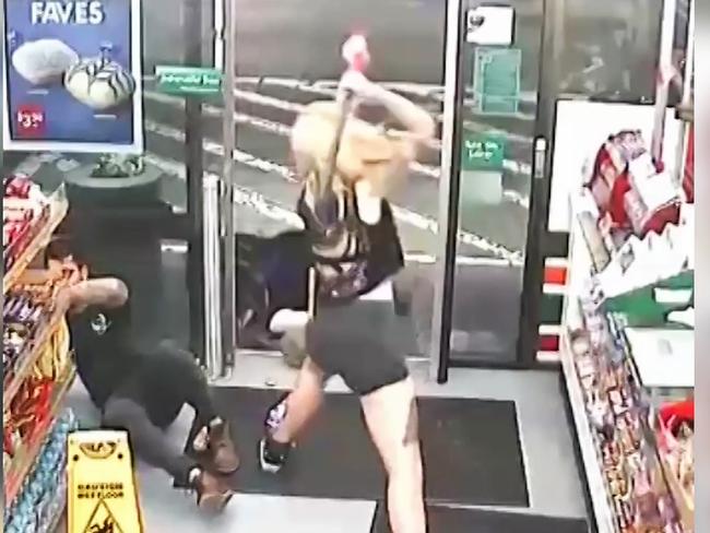 Evie Amati swings at Sharon Hacker for a second time, with Ben Rimmer (left) on the floor of the 7-Eleven bleeding.