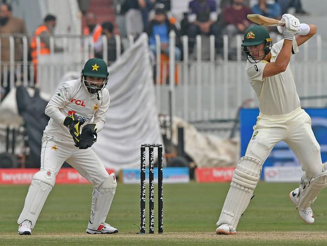 Marnus Labuschagne plays a shot during the third day of the first Test against Pakistan. Picture: Aamir QURESHI /AFP