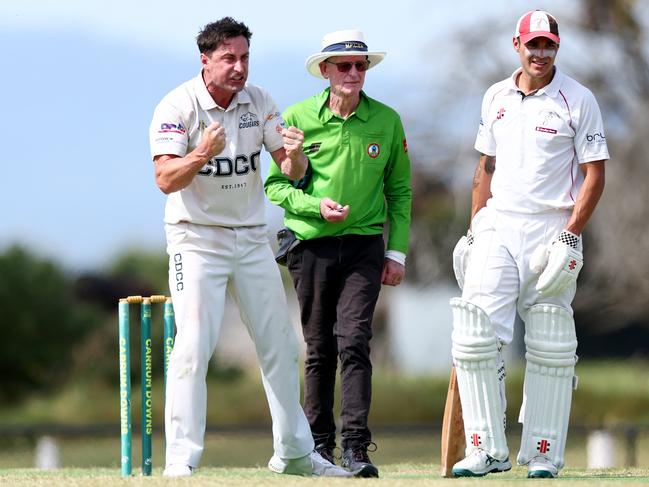 Got him! Robert Johnston celebrates a wicket. (Photo by Josh Chadwick)