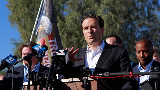 Former Nevada Attorney General Adam Laxalt speaks to the news media during a press conference by members of Donald J. Trump for President, Inc. Picture: AFP.